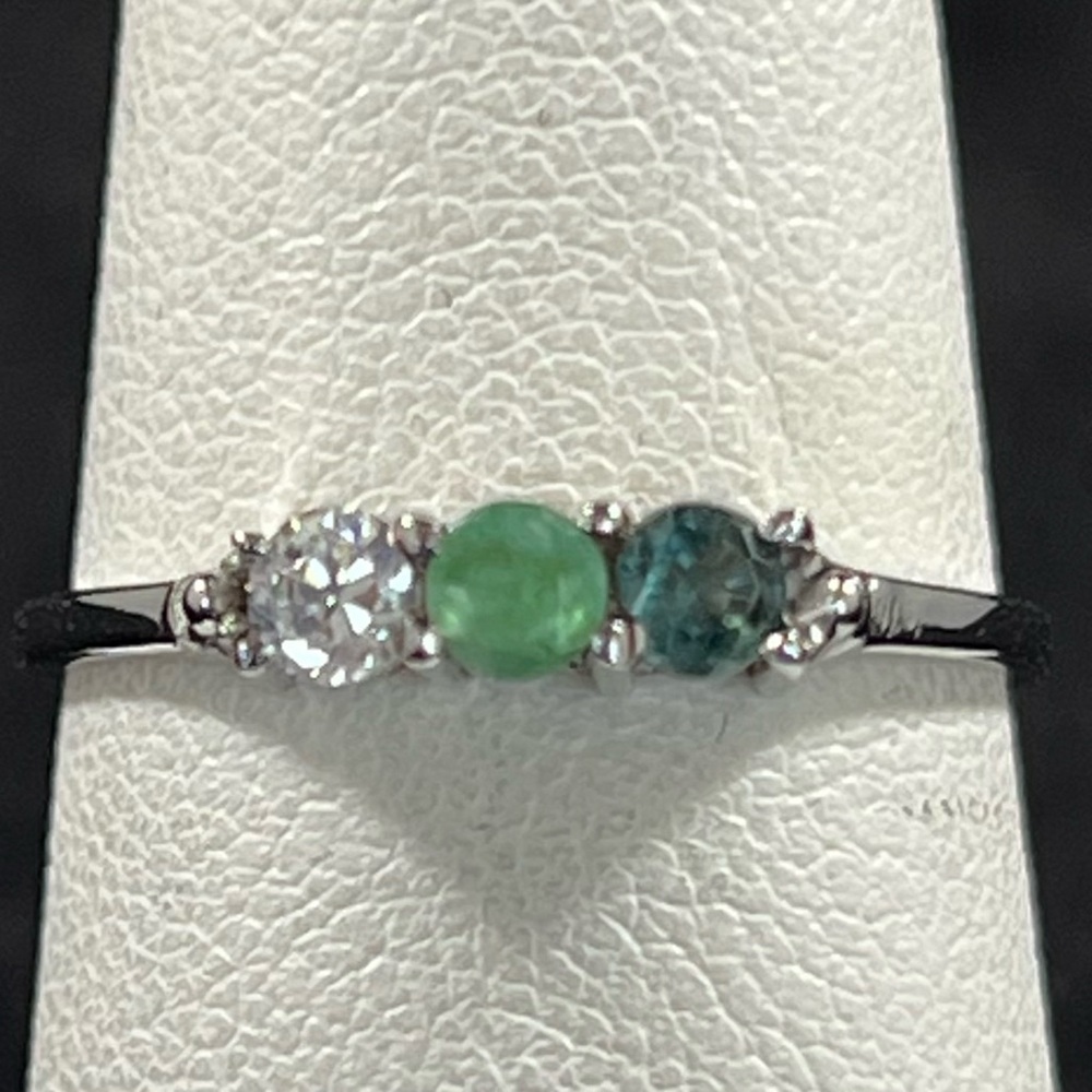 White Topaz • Emerald • Teal Sapphire 3‑Stone Sterling Silver Ring